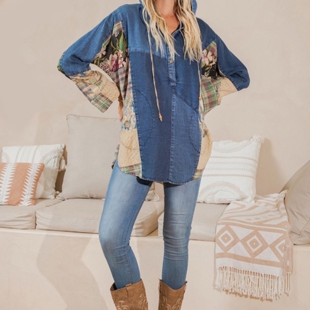 NEW!!! Young Threads Denim Patchwork Hooded Tunic… - image 2